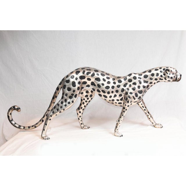 Art Deco Silver Plate and Bronze Cheetah Cat in Statue, 1980s For Sale - Image 6 of 16