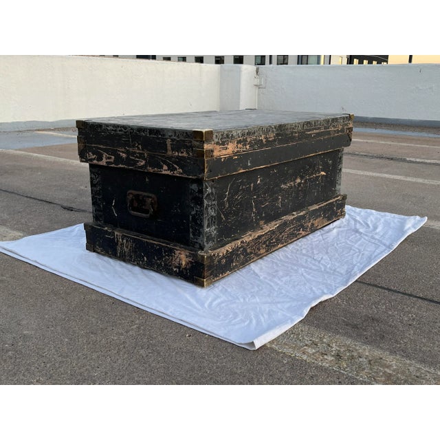 Traditional English shipwright or carpenter’s tool chest in ebonized pine having three handcrafted interior boxes, tin...