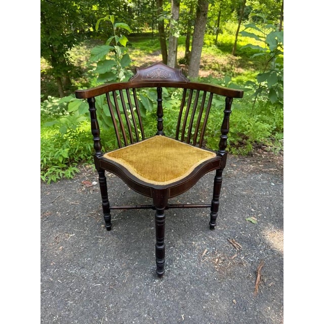 Antique Edwardian style painted mahogany corner chair It features mahogany wood with inlaid marquetry details on the...