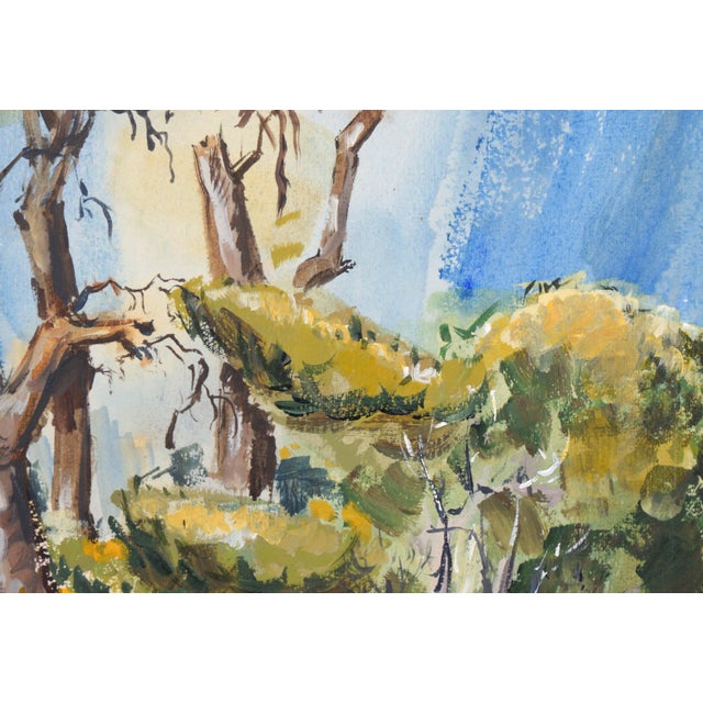 Mid Century Modern Vertical Landscape With Fence in Acrylic on Paper by Bertram Spencer For Sale - Image 4 of 9