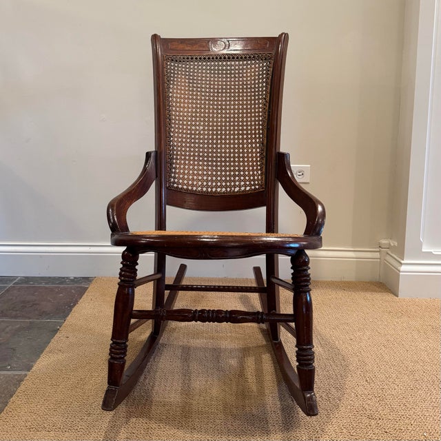 Chestnut Last Call! Vintage Victorian Mahogany and Cane Rocking Chair For Sale - Image 8 of 10