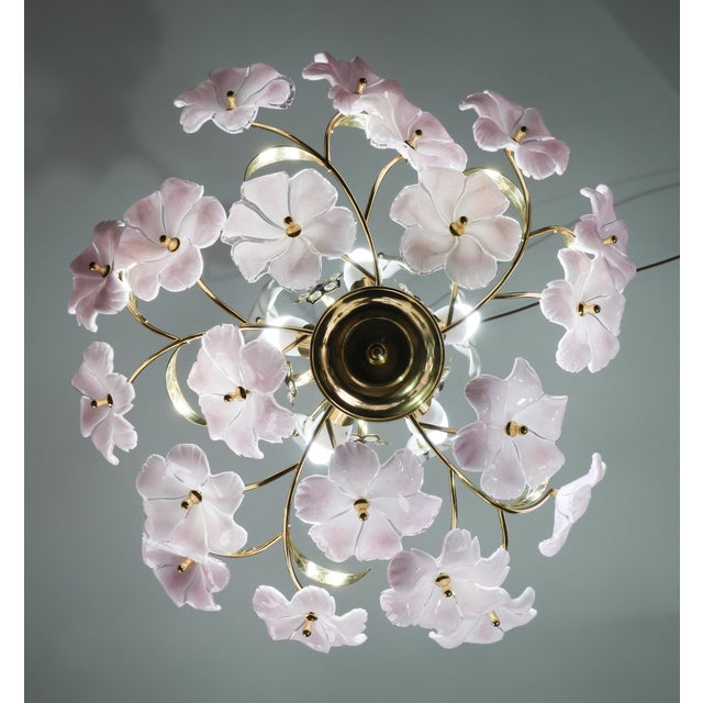 1980s Charming Murano Vintage Chandelier White and Pink Flowers For Sale - Image 5 of 11