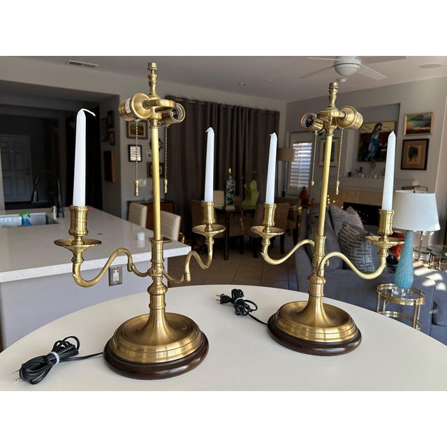 Metal Pair Brass Bouillotte Candleholder Table Lamps Wildwood For Sale - Image 7 of 15