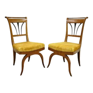19th Century Biedermeier Italian Burl Fruitwood Curule Base Side Chairs - a Pair