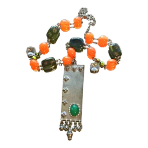 1970s Vintage Accessocraft Boho Gypset Statement Orange Green Long Necklace