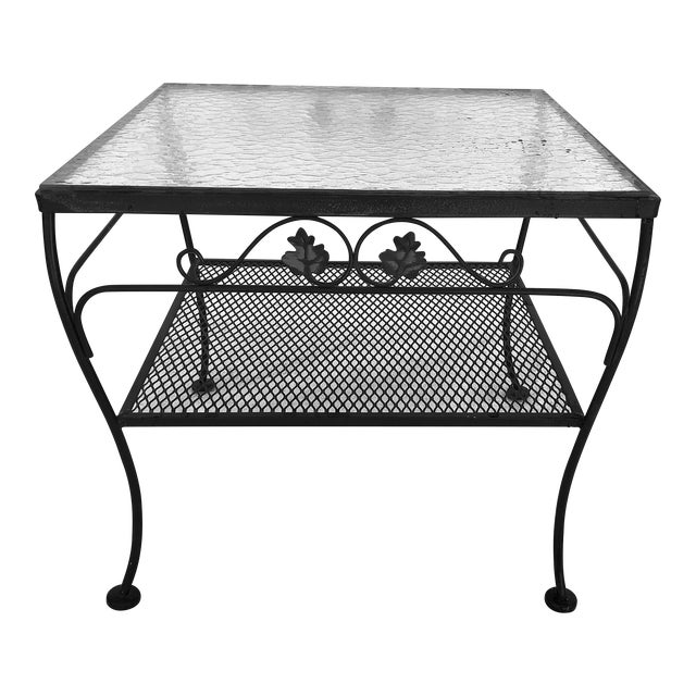 Vintage Meadowcraft Wrought Iron Outdoor Square Glass Top Side Table