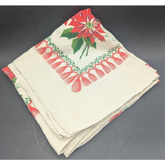 Mid 20th Century Vintage Square Linen Christmas Tablecloth For Sale - Image 5 of 7