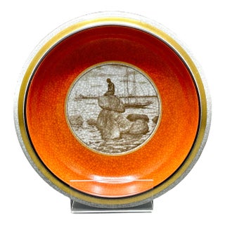 Vintage Royal Copenhagen ”Langelinie” 691/2559 Little Mermaid Crackle Glaze Bowl With Gold Trims, Made in Denmark For Sale