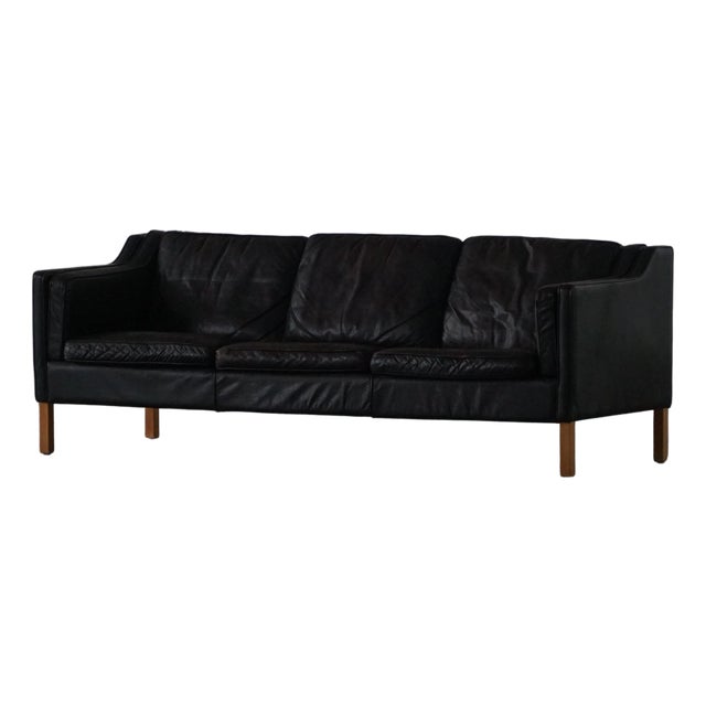 Mid-Century 3-Seater Sofa in Patinated Black Leather from Mogens Hansen, 1970s For Sale