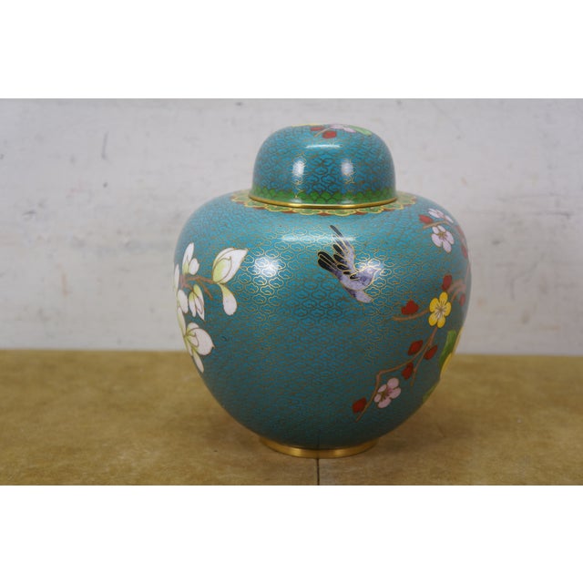Metal Antique Chinese Brass Cloisonne Enamel Cherry Blossom Ginger Jar Vase Urn 7" For Sale - Image 7 of 16