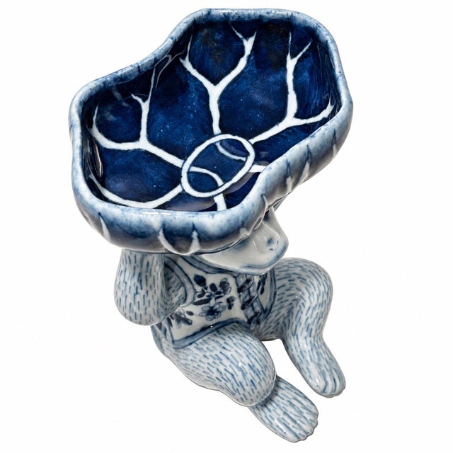 Vintage Blue White Floral Chinoiserie Monkey Bowl For Sale In Chicago - Image 6 of 7