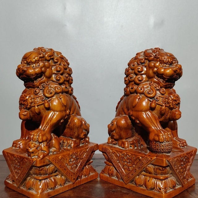 Pair of Hand-Carved Boxwood Guardian Lion Statues on Decorative Bases For Sale In Los Angeles - Image 6 of 9