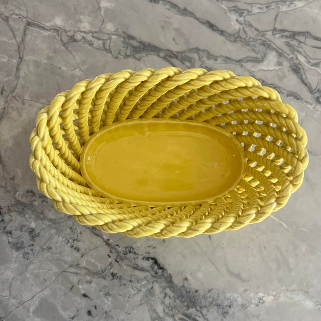 Bright Yellow Vintage Ceramic Braided Basket Made in Spain For Sale - Image 9 of 9