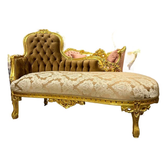 Chaise Lounge French Style Light Brown Velvet With Gold Details For Sale