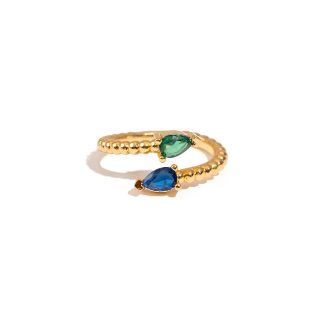 Metal Sapphire & Emerald Teardrop Glow Gold Adjustable Ring, Size 8 For Sale - Image 7 of 8