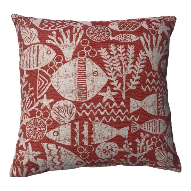 Coral and White Tropical Fish Pattern Outdoor Pillow Cover For Sale