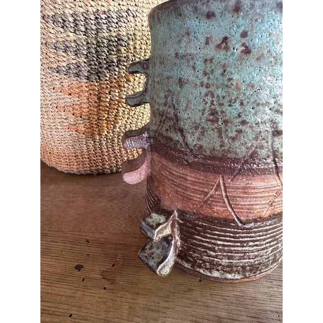 Brown Handbuilt Textured Ceramic Vase: Green Brown Glaze Studio Pottery Sculpture For Sale - Image 8 of 12