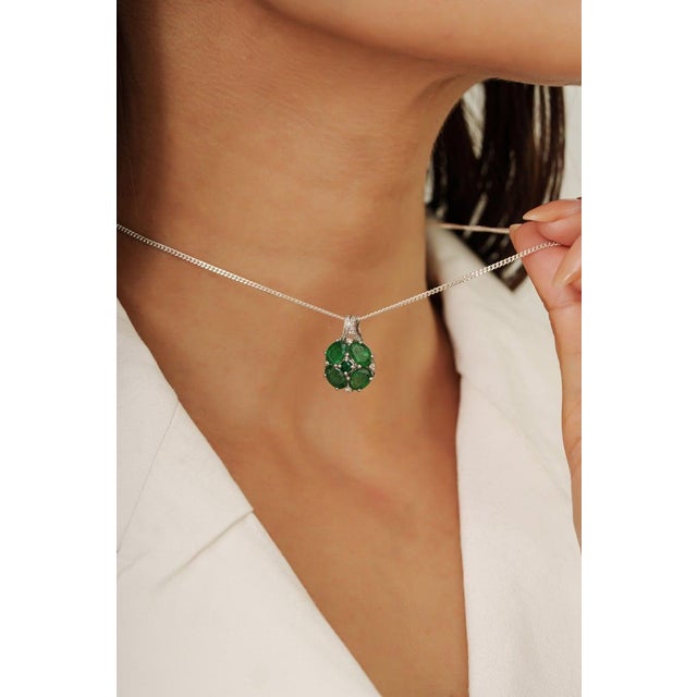 3.21 Carat Emerald Floral Pendant With Diamond Pavé Bail in 925 Silver For Sale - Image 6 of 12