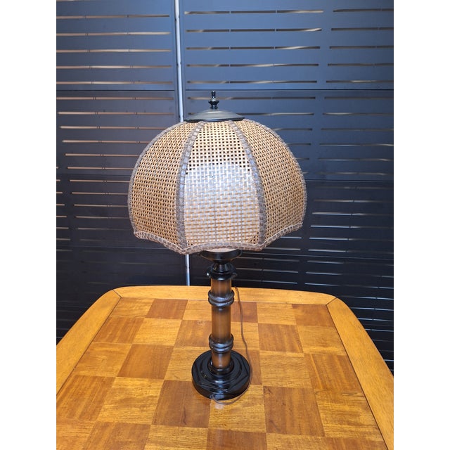 1970s Vintage 70's Tropical Bamboo Lamp With Wicker Shade For Sale - Image 5 of 8