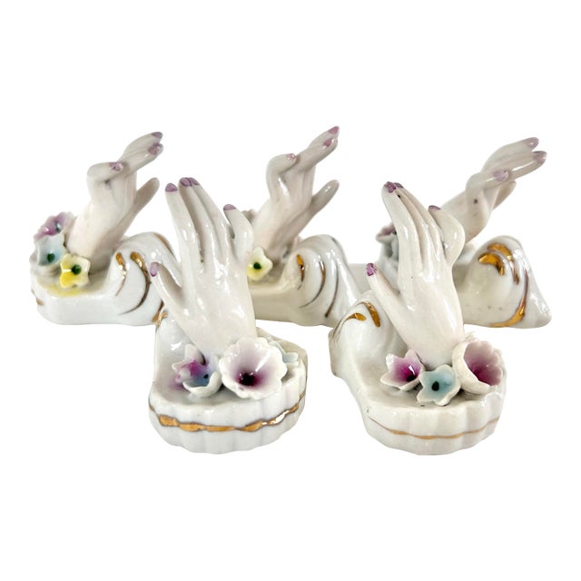 Vintage Traditional Porcelain Hand Place Card Holders With Applied Flowers - Set of 5 For Sale