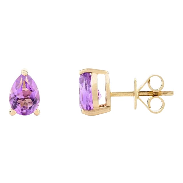 14k Gold Purple Amethyst Pear Cut Gemstone Stud Earrings- a Pair For Sale