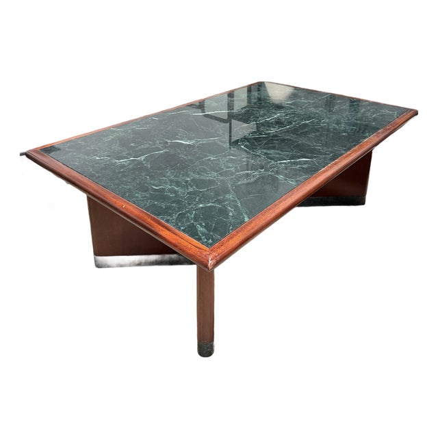 Mid 20th Century Verde Marble Encased Mahogany Wood Conference Table For Sale