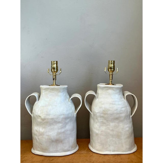 Vintage Biomorphic Double Handled Studio Pottery Lamps - a Pair For Sale - Image 9 of 12