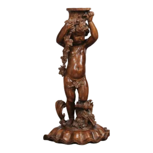 French Napoléon III 1860s Carved Walnut Sculpture of a Putto Carrying a Vessel