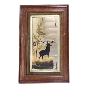 Mid Century Modern Hand Painted Buck on Mirror With Walnut Frame