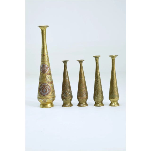 Set of Five Tall Engraved Brass Vases, Middle East, Early 20th Century For Sale - Image 10 of 13
