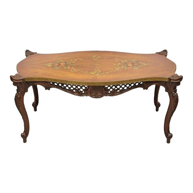 Vintage French Louis XV Style Walnut Coffee Table With Hand Painted Floral Top For Sale