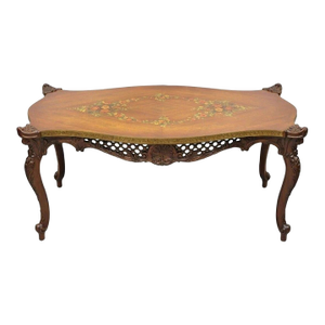 Vintage French Louis XV Style Walnut Coffee Table With Hand Painted Floral Top