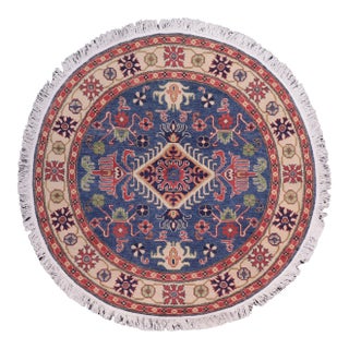 Southwestern Kazak Smoot Blue/Ivory Wool Round Rug- 4'10''x4'10'' For Sale