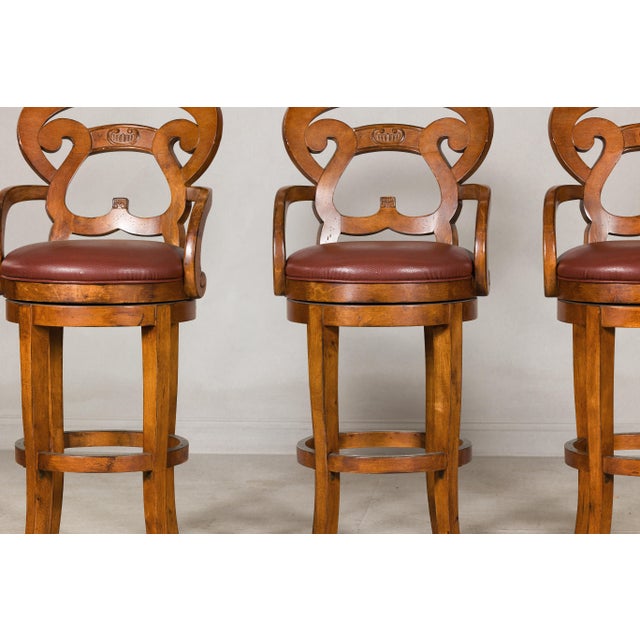 Swivel Bar Stools with Carved Backs and Faux Leather Seats – Set of 3 For Sale - Image 10 of 12