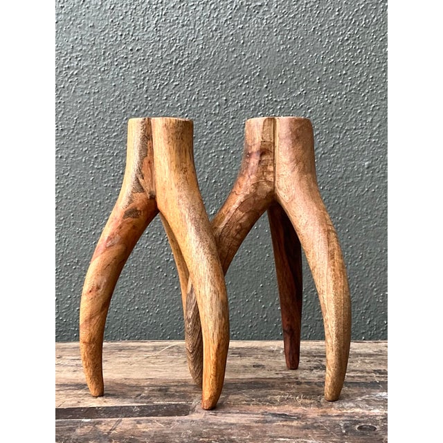 Vintage Carved Wood and Brass Antler Candlesticks - A Pair For Sale - Image 12 of 12