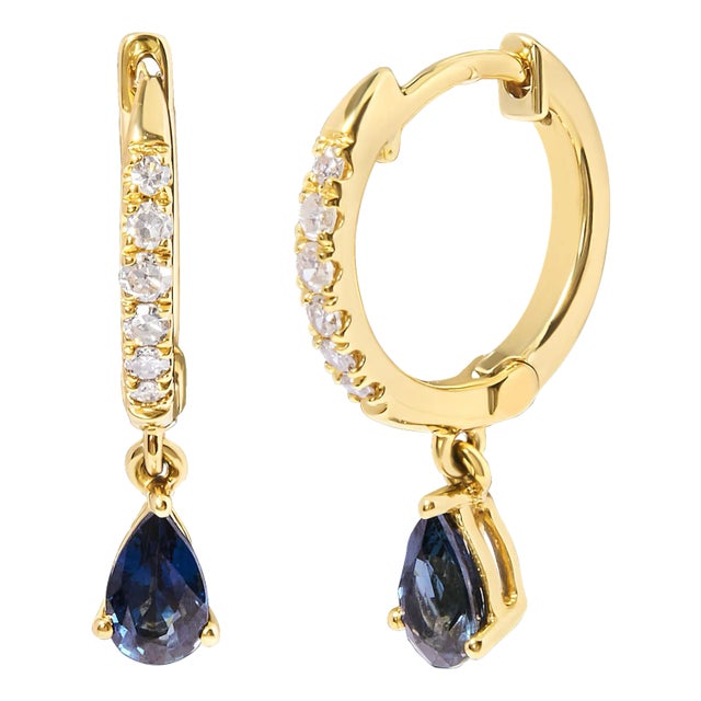 10K Yellow Gold Pear Blue Sapphire and 1/10 Cttw Diamond Drop and Dangle Huggy Hoop Earrings (H-I Color, I1-I2 Clarity) For Sale