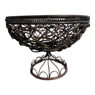 Vintage Bronze-Tone Wire and Woven Pedestal Centerpiece Basket For Sale