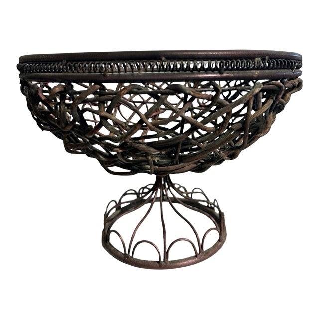 Vintage Bronze-Tone Wire and Woven Pedestal Centerpiece Basket For Sale