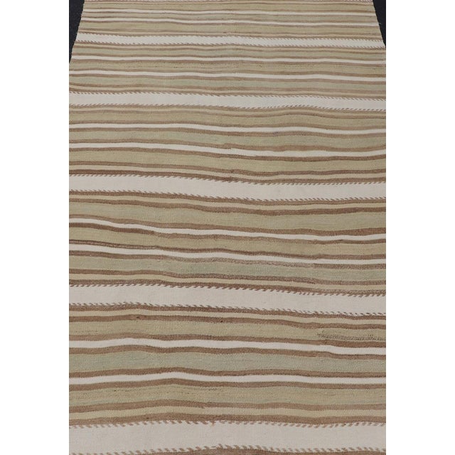 Striped Flat-Weave Vintage Turkish Kilim in Green, Cream, brown and Tan. Keivan Woven Arts / rug EN-15245, country of...