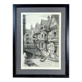 Vintage Framed Signed Etching of the Old Weavers' Houses, Canterbury For Sale