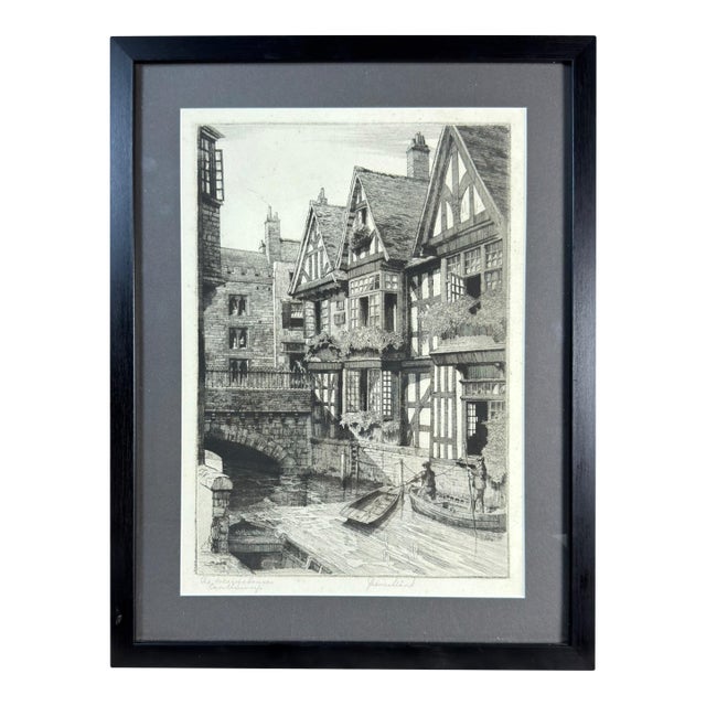 Vintage Framed Signed Etching of the Old Weavers' Houses, Canterbury For Sale