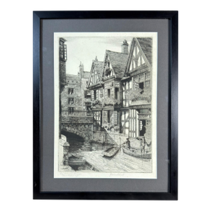 Vintage Framed Signed Etching of the Old Weavers' Houses, Canterbury