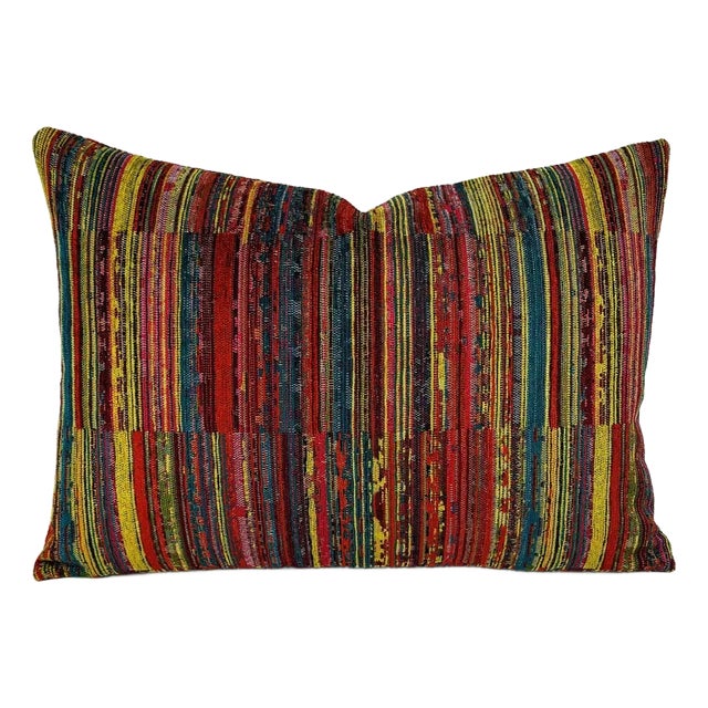 Kravet Design 33879-512 Lumbar Pillow Cover - 14" X 20" Multi Color Chenille Stripe Cushion Case - Fuchsia, Teal, Citron, and Red For Sale
