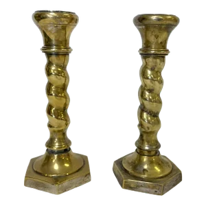 1970's William Adams 8" High Brass Plated Barley Twist Candlesticks Made in India- a Pair