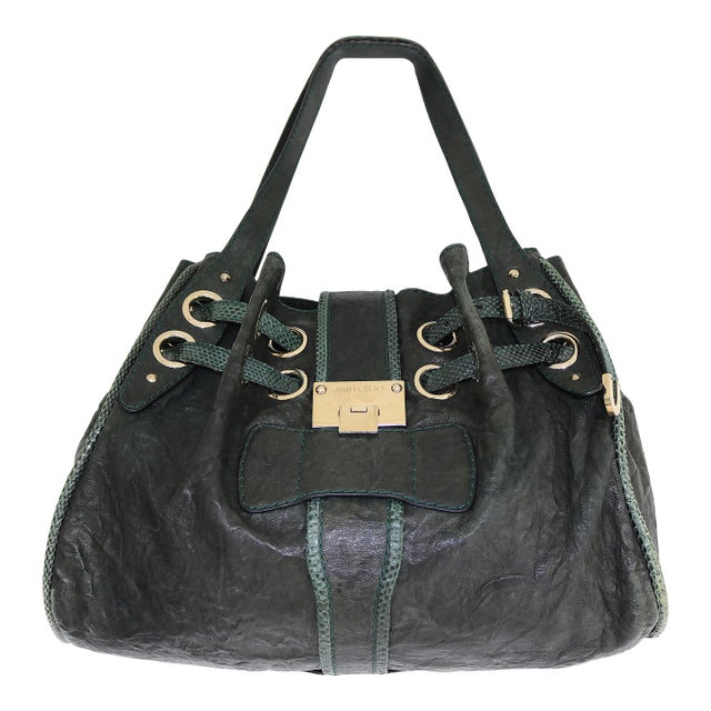 Jimmy Choo Dark Green Leather Snakeskin Trim Chic Riki Tote For Sale