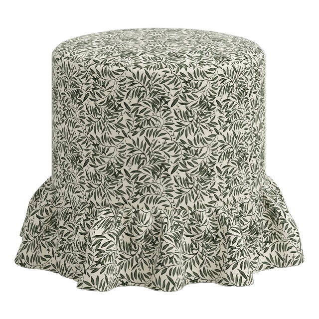 Stoffer Home x Cloth & Company Bernadette Ruffle Drum Ottoman in Willow Vine Olive For Sale