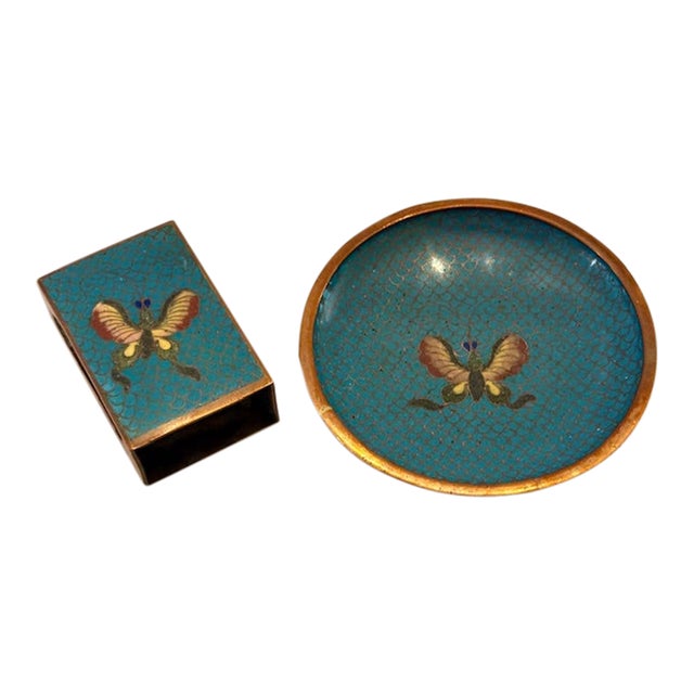 Vintage Chinese Cloisonné and Brass Set With Small Round Dish and Matchbox Cover- 2 Pieces For Sale