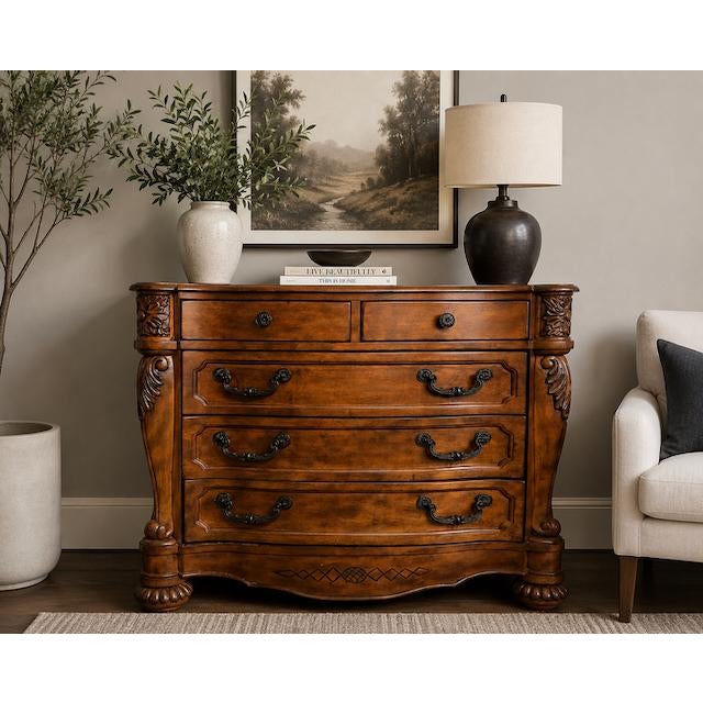 Classic bachelor chest / console reproduction piece in Louis Philippe style featuring ornate carvings on side pillars, an...