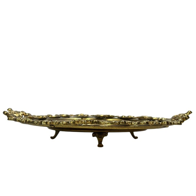 Vintage Ornate Brass Footed Gallery Tray Rococo Floral Scrollwork 11.5" For Sale - Image 4 of 9