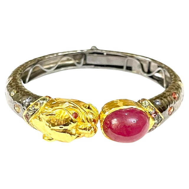 Bochic "Orient" Vintage Dragon Bangle Set 18k Gold & Silver Ruby & Sapphires For Sale - Image 18 of 18